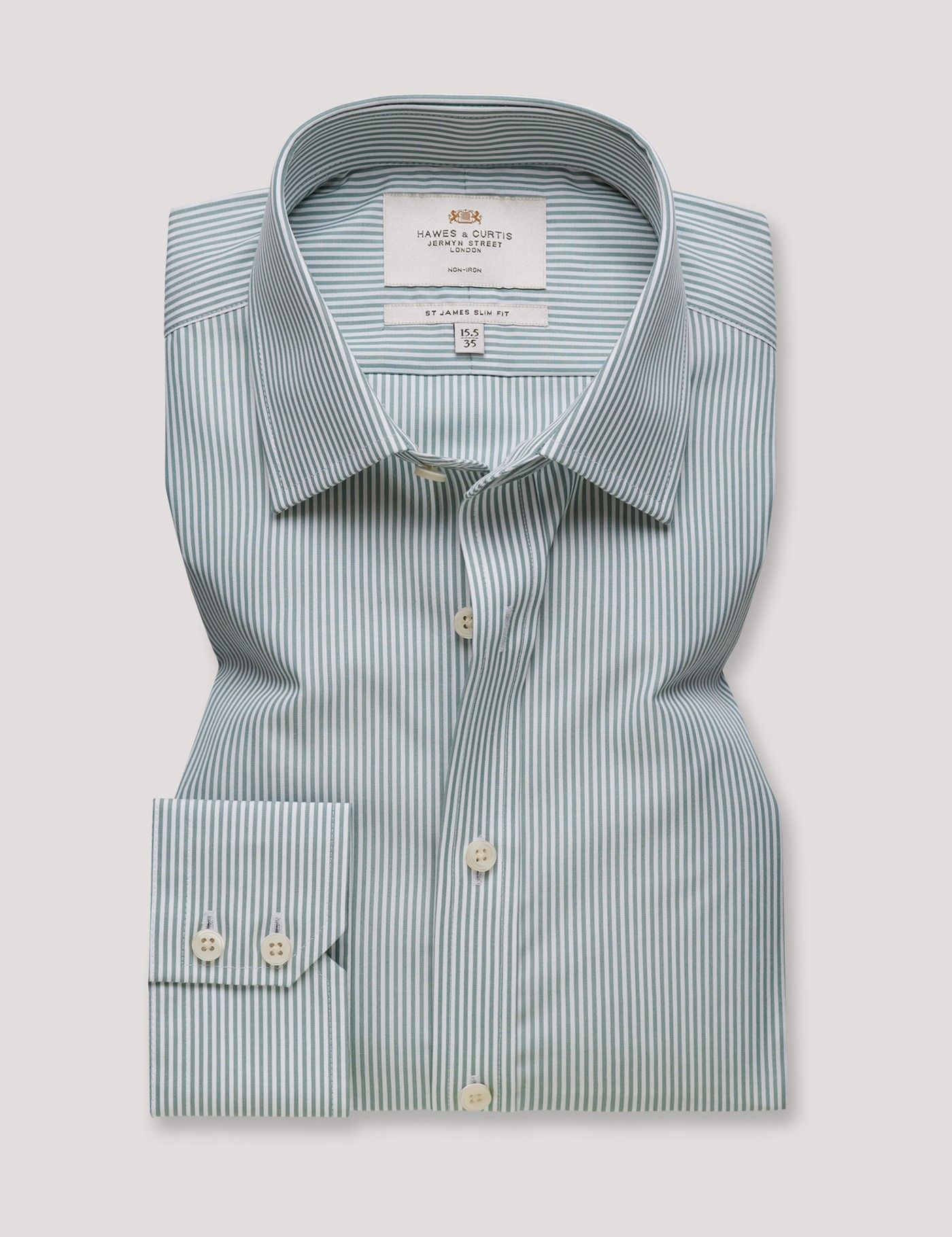 Slim Fit Green & White Fine Stripe Non-Iron Shirt-preview