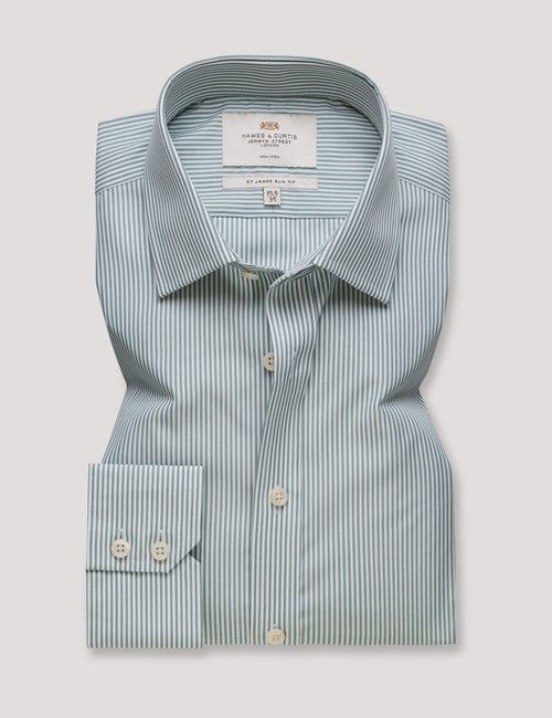Non-Iron Green & White Fine Stripe Slim Shirt-preview