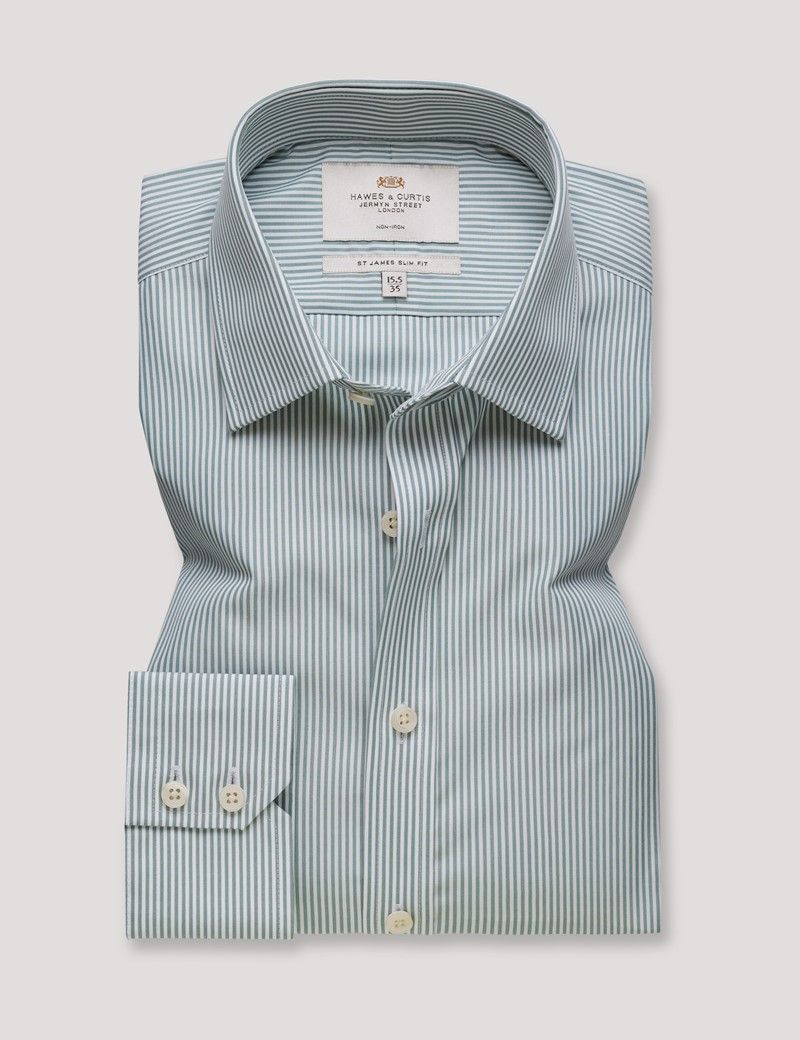 Slim Fit Green & White Fine Stripe Non-Iron Shirt-preview