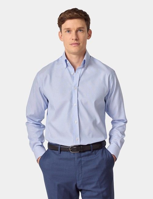 Non-Iron Blue & White Fine Stripe Pin Point Oxford Shirt - Button Down Collar - Slim Fit