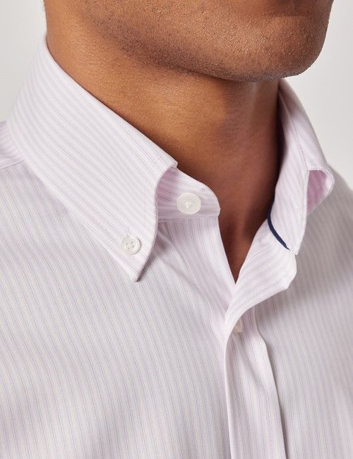 Non-Iron Blue & Pink Stripe Pin Point Oxford Shirt - Button Down Collar - Slim Fit-preview