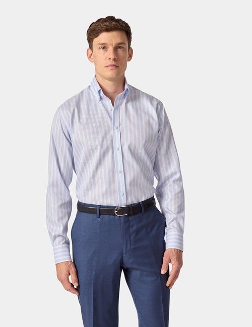 Non-Iron Blue & Pink Bold Stripe Pin Point Oxford Shirt - Button Down Collar - Slim Fit