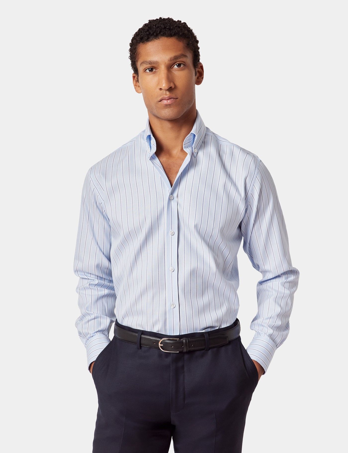 Slim Fit Blue & Navy Bold Stripe Pin Point Non-Iron Oxford Shirt