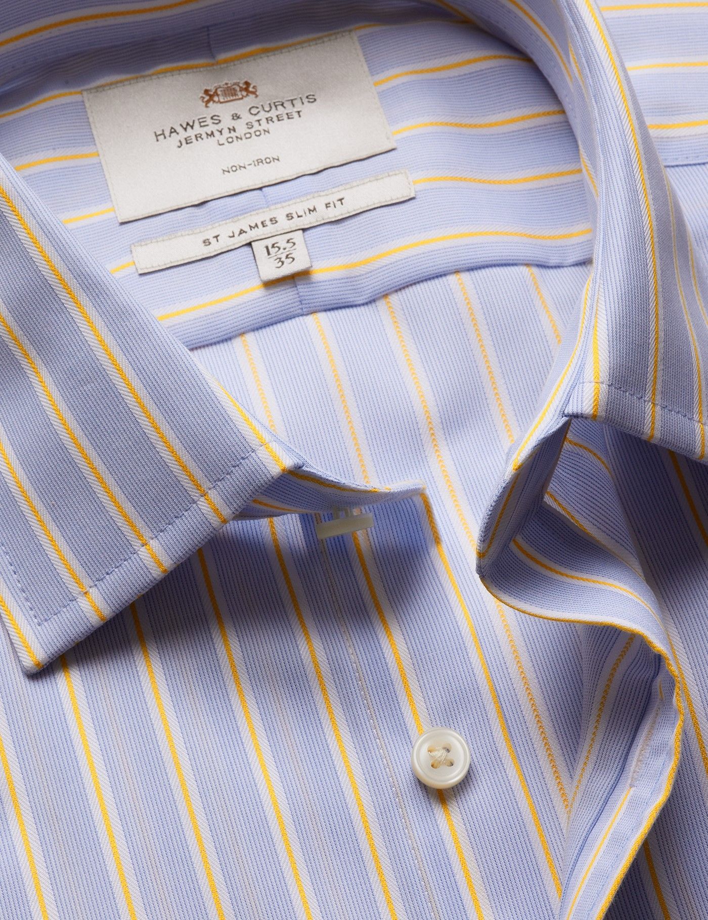 Men's Slim Fit Blue & Yellow Multi Stripe Non-Iron Shirt | Hawes & Curtis