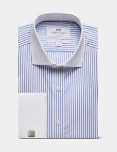 Slim Fit Blue & White Bi Stripe Non-Iron Shirt - Contrast Detail