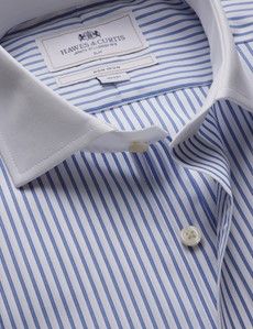 Slim Fit Blue & White Bi Stripe Non-Iron Shirt - Contrast Detail