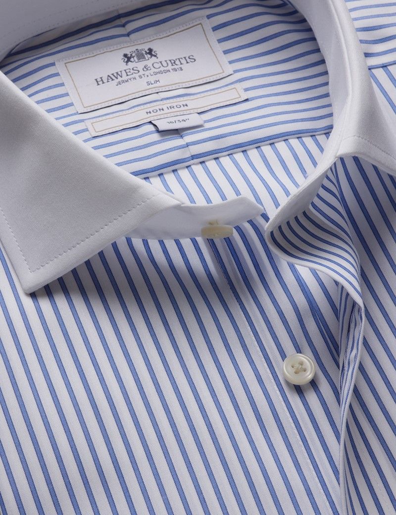 Slim Fit Blue & White Bi Stripe Non-Iron Shirt - Contrast Detail