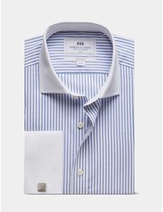 Slim Fit Blue & White Bi Stripe Non-Iron Shirt - Contrast Detail