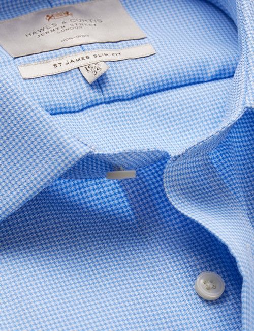 Non-Iron Blue & White Dogtooth Slim Fit Shirt - Semi Cutaway