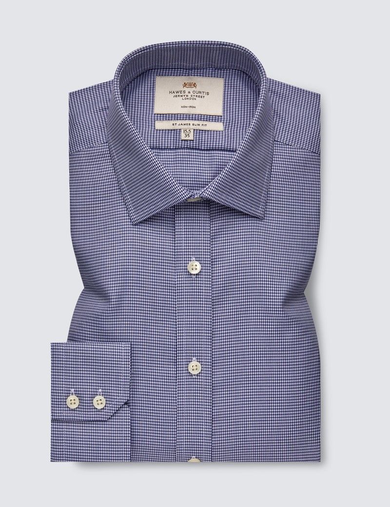 Slim Fit Navy & White Dogtooth Non-Iron Shirt-preview