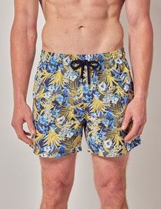 Navy & Yellow Tropical Print Swim Shorts