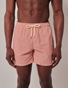 Red & White Geometric Swim Shorts