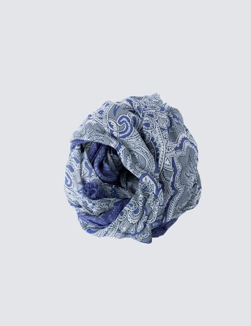 Grey & Blue Floral Viscose and Wool Scarf-preview