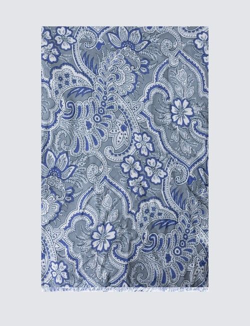 Grey & Blue Floral Viscose and Wool Scarf