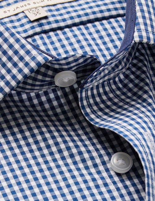 Non-Iron Navy & White Gingham Plaid Slim Shirt With Contrast Detail-preview