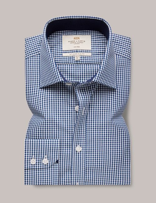 Non-Iron Navy & White Gingham Plaid Slim Shirt With Contrast Detail