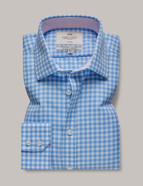 Non-Iron Blue & White Plaid Slim Shirt - Contrast Detail