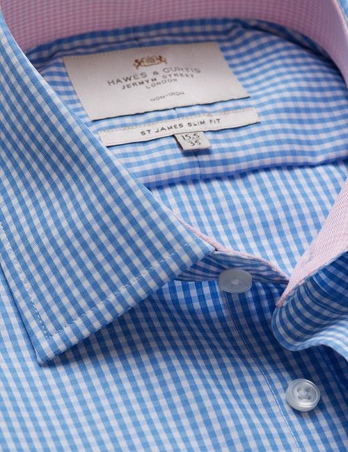 Non-Iron Blue & White Gingham Check Slim Shirt - Contrast Detail