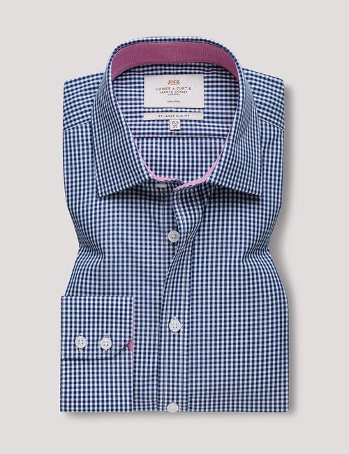 Non-Iron Navy & White Gingham Slim Shirt - Contrast Detail-preview