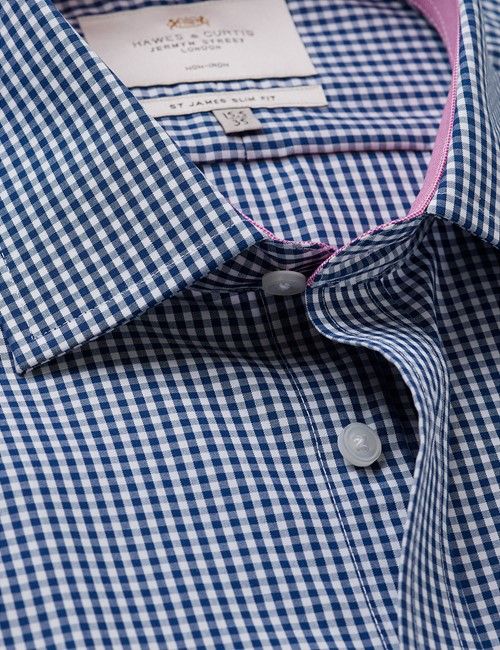 Non-Iron Navy & White Gingham Slim Shirt - Contrast Detail