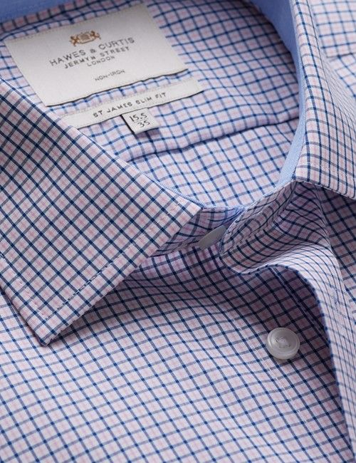 Non-Iron Pink & Navy Check Slim Fit Shirt - Contrast Detail