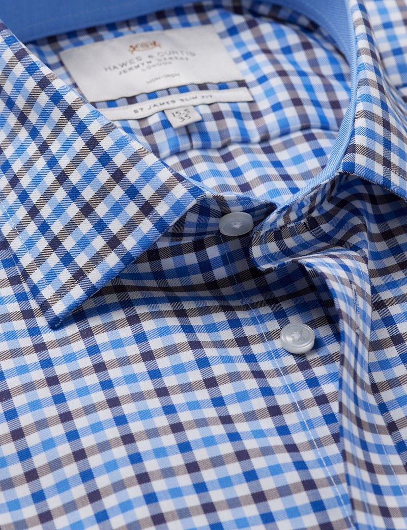 Slim Fit Blue & Brown Plaid Non-Iron Shirt
