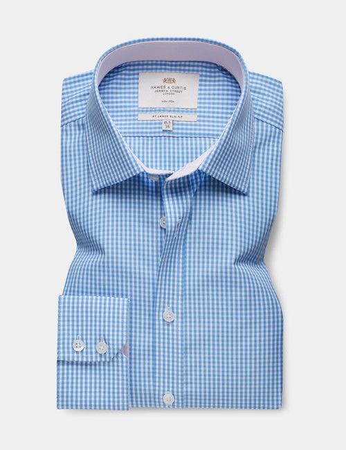 Slim Fit Blue & White Gingham Plaid Non-Iron Shirt-preview