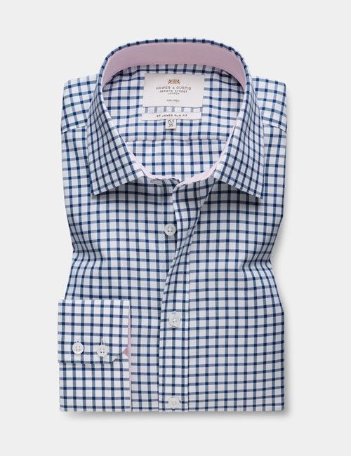 Slim Fit Royal Blue & White Grid Plaid Non-Iron Shirt-preview