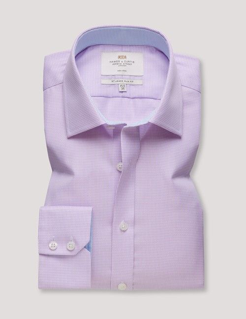 Non-Iron Lilac & White Dogtooth Slim Fit Shirt - Contrast Detail-preview