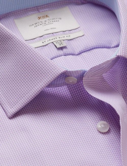 Non-Iron Lilac & White Dogtooth Slim Fit Shirt - Contrast Detail