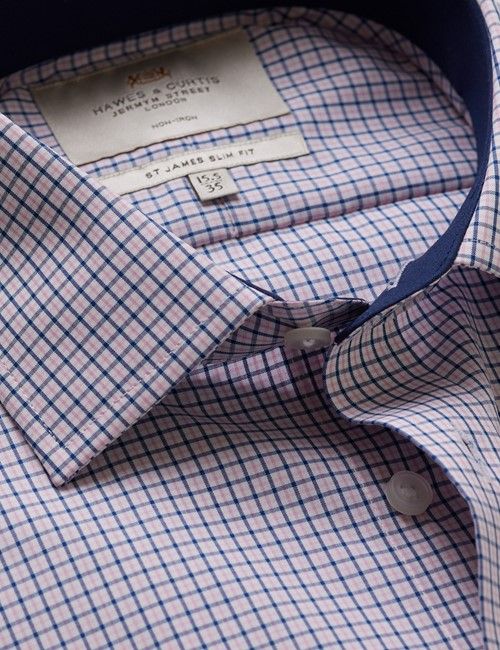 Non-Iron Pink & Navy Multi Check Slim Fit Shirt - Contrast Detail