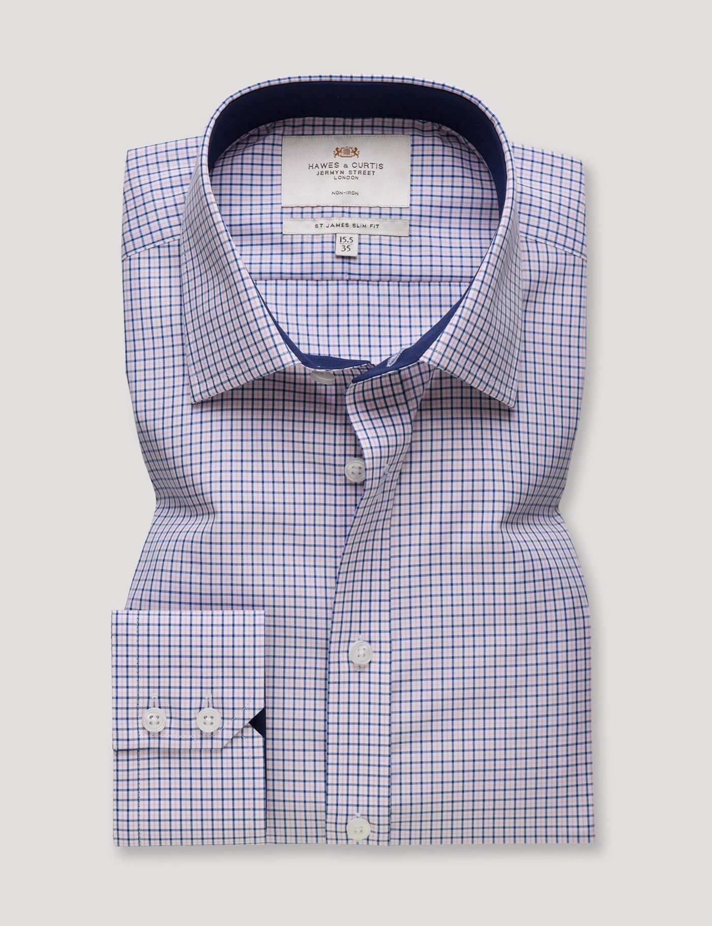 Slim Fit Pink & Navy Check Non-Iron Shirt - Contrast Detail-preview