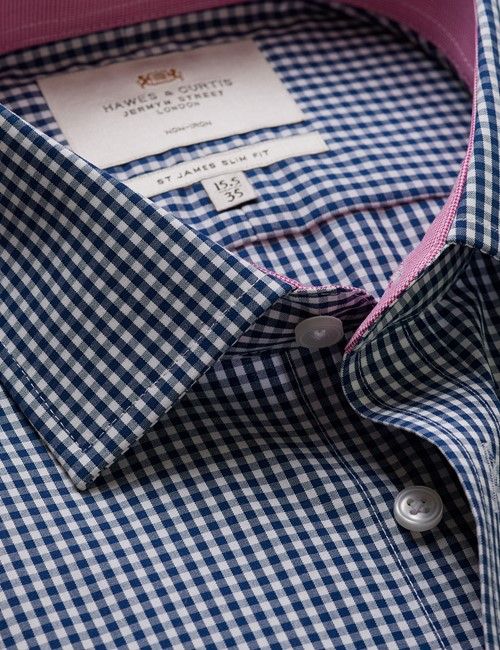 Non-Iron Navy & White Gingham Check Slim Fit Shirt - Contrast Detail