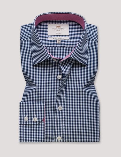 Non-Iron Navy & White Gingham Check Slim Fit Shirt - Contrast Detail-preview
