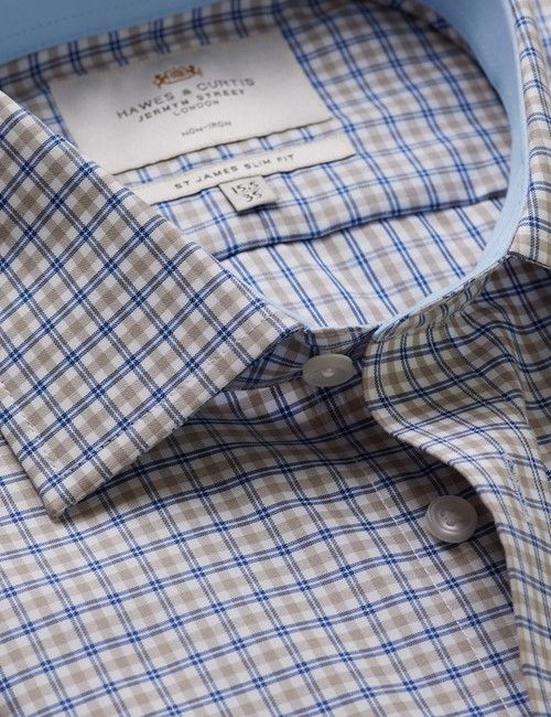 Non-Iron Blue & Brown Multi Check Slim Fit Shirt - Contrast Detail