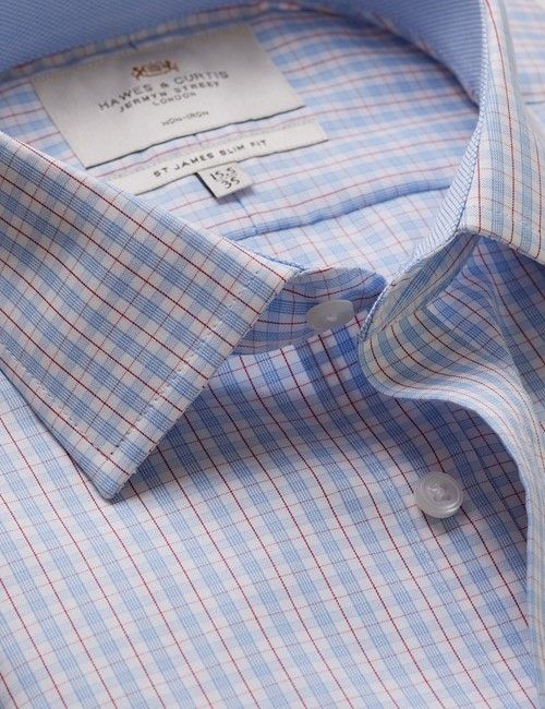 Non-Iron Blue & Red Multi Check Slim Fit Shirt - Contrast Detail