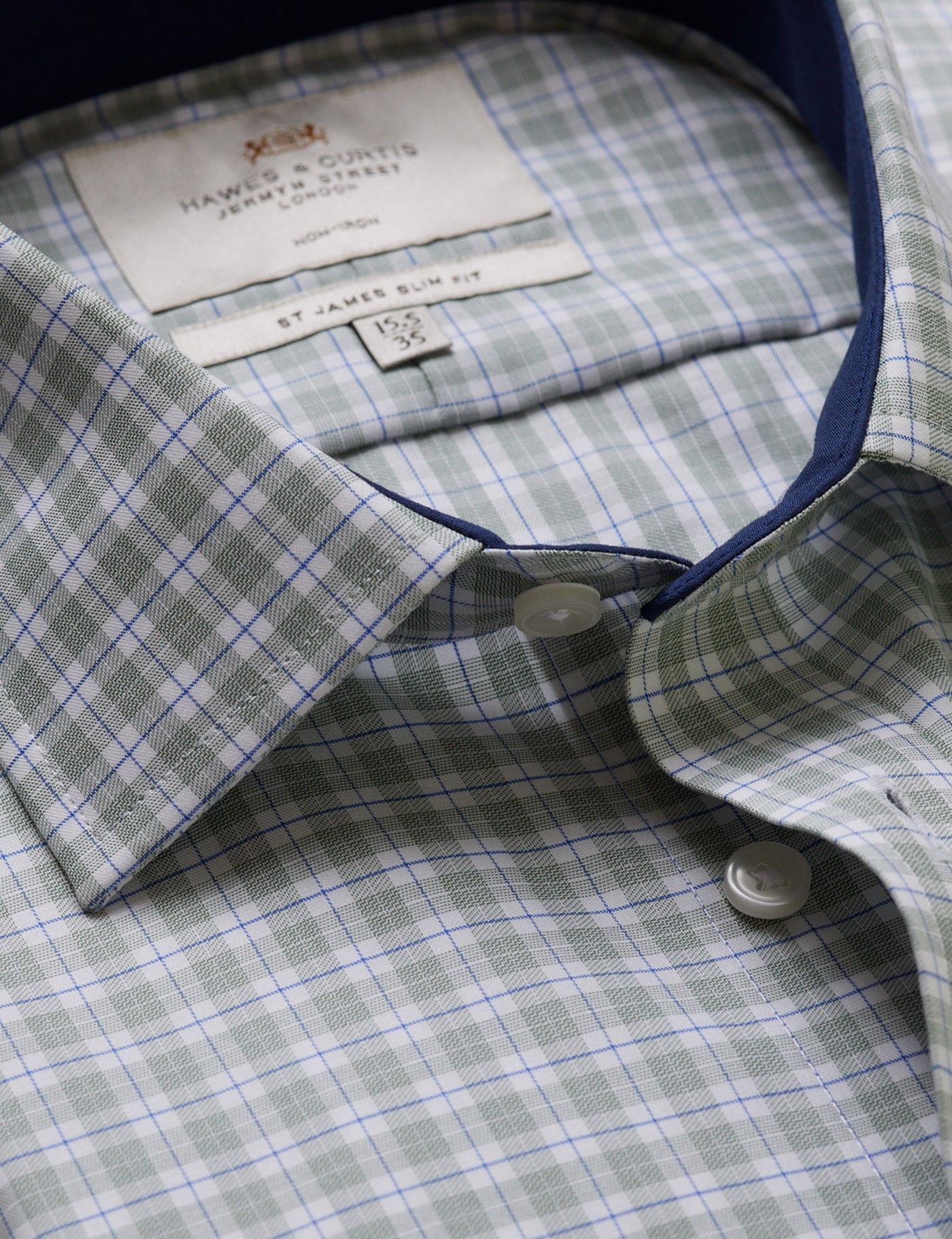 Slim Fit Green & Blue Check Non-Iron Shirt - Contrast Detail