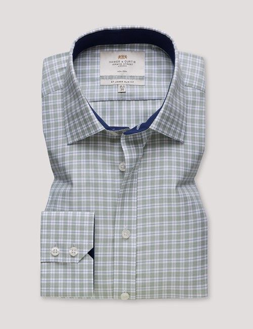 Non-Iron Green & Blue Multi Check Slim Fit Shirt - Contrast Detail-preview