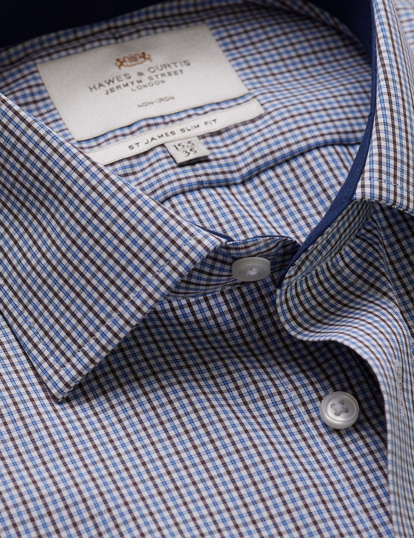Slim Fit Brown & Navy Check Non-Iron Shirt - Contrast Detail