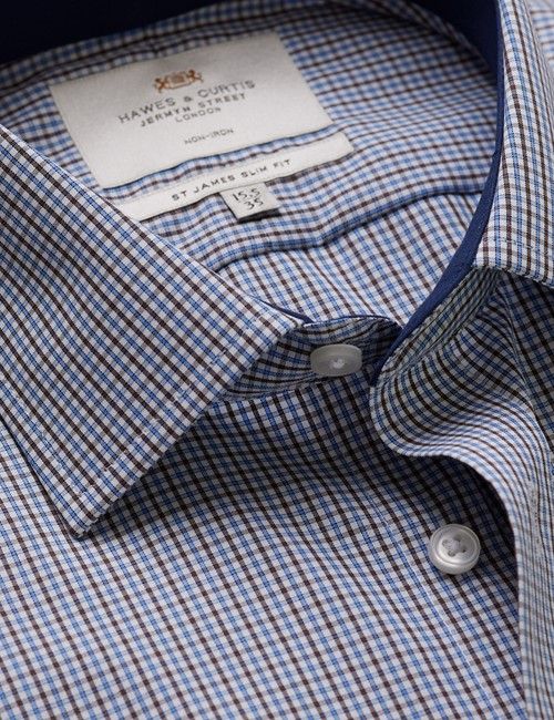 Non-Iron Brown & Navy Multi Check Slim Fit Shirt - Contrast Detail
