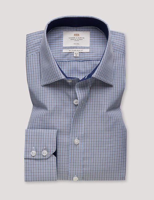 Non-Iron Brown & Navy Multi Check Slim Fit Shirt - Contrast Detail-preview