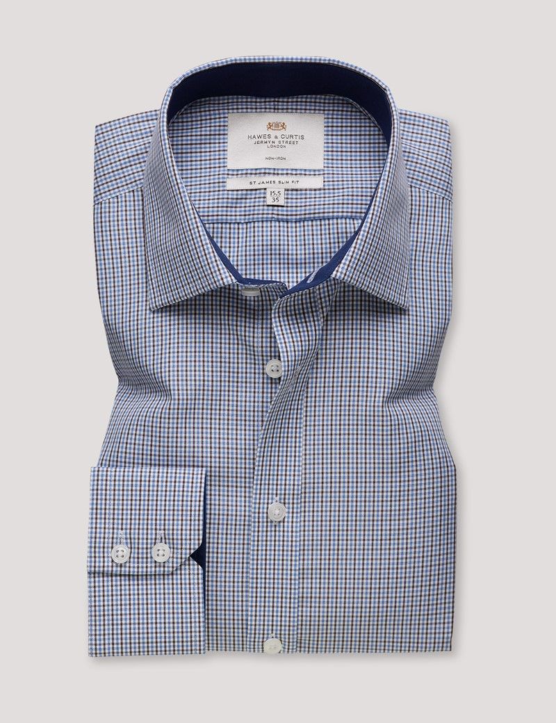 Slim Fit Brown & Navy Check Non-Iron Shirt - Contrast Detail-preview
