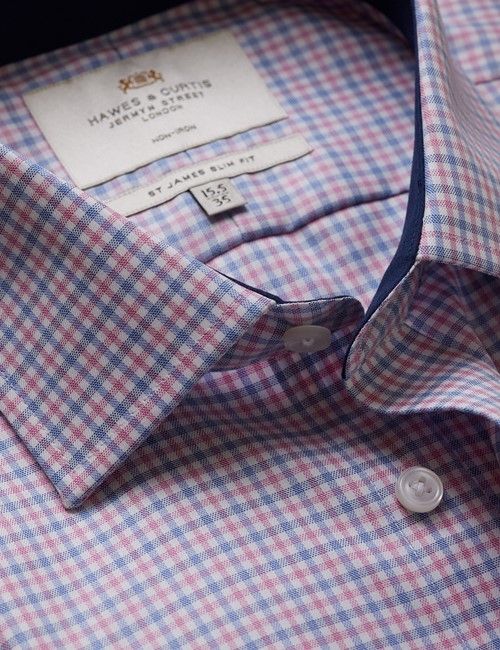 Non-Iron Red & Navy Multi Check Slim Fit Shirt - Contrast Detail