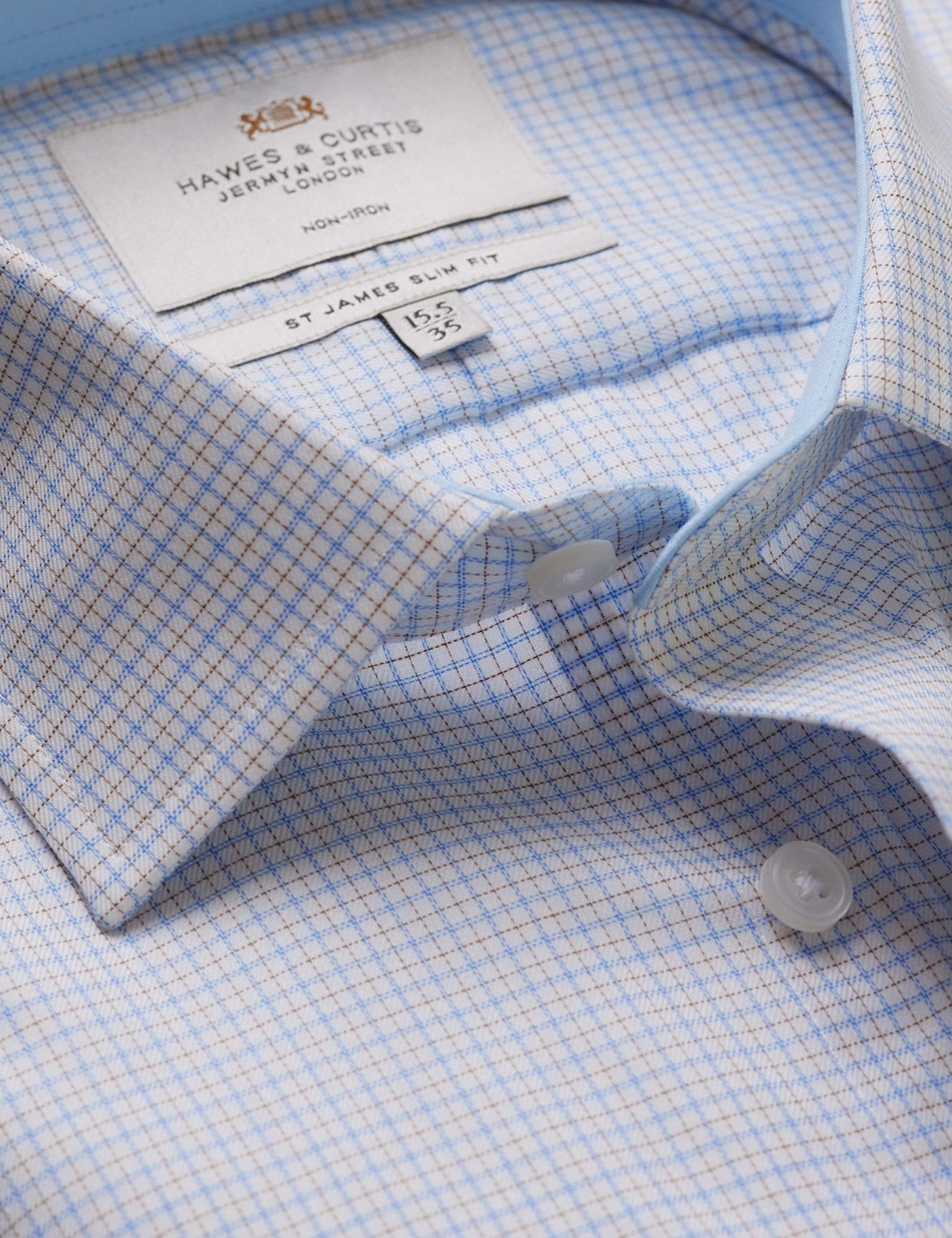 Slim Fit Blue & Yellow Check Non-Iron Shirt - Contrast Detail