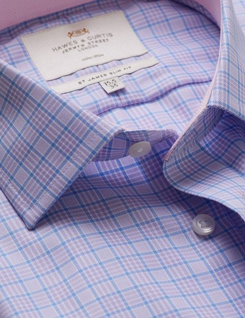 Non-Iron Lilac & Blue Multi Check Slim Fit Shirt - Contrast Detail