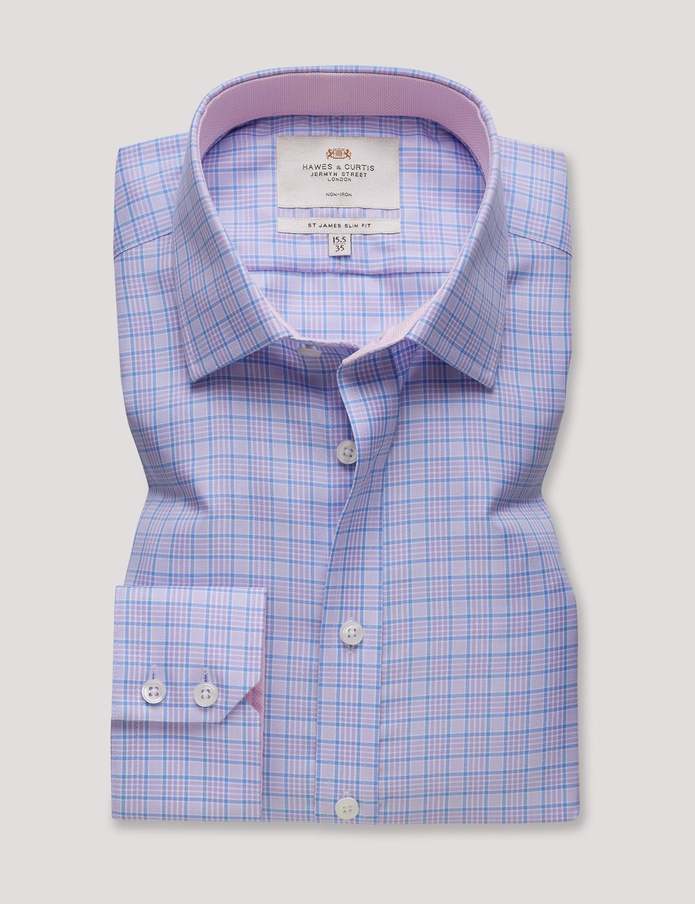 Slim Fit Lilac & Blue Check Non-Iron Shirt - Contrast Detail-preview