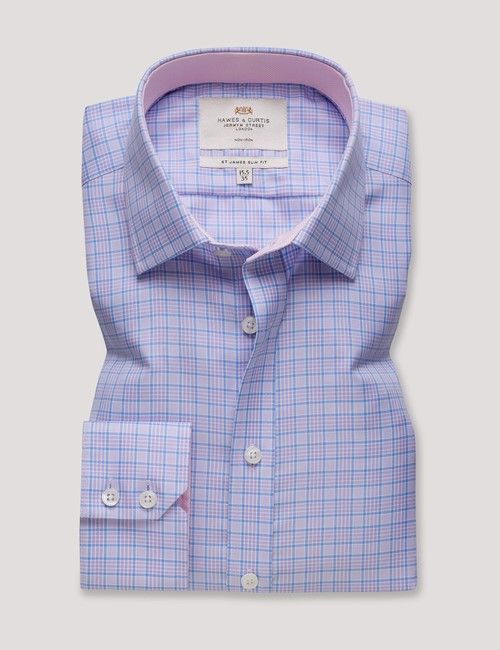 Non-Iron Lilac & Blue Multi Check Slim Fit Shirt - Contrast Detail-preview