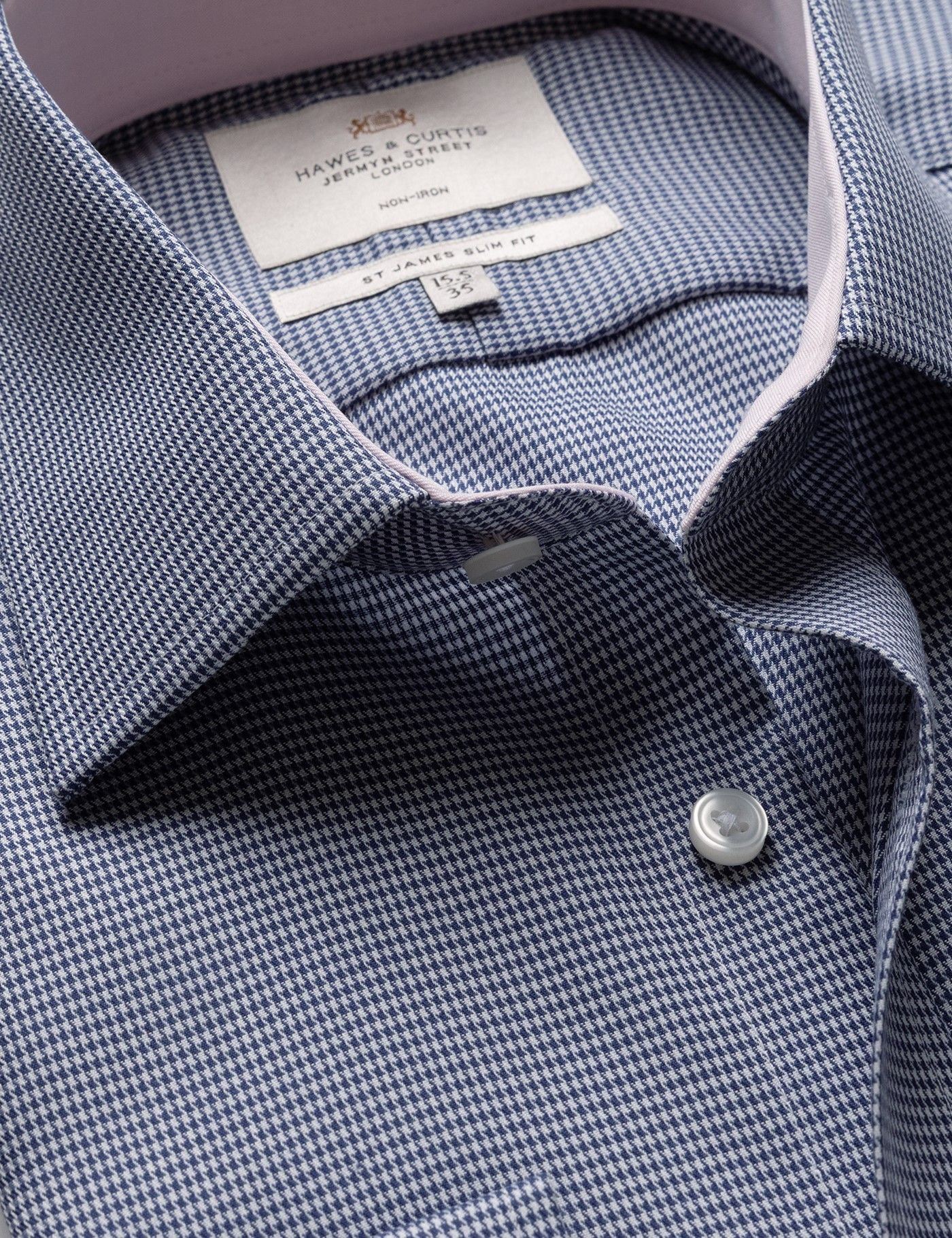 Slim Fit Navy & White Dogtooth Non-Iron Shirt - Contrast Detail
