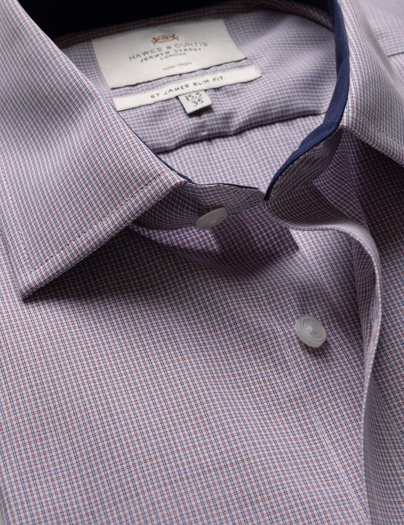 Slim Fit Red & Navy Check Non-Iron Shirt - Contrast Detail