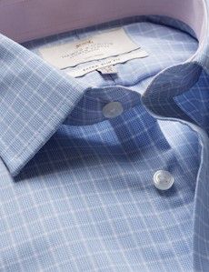 Slim Fit Blue & White Check Non-Iron Shirt - Contrast Detail